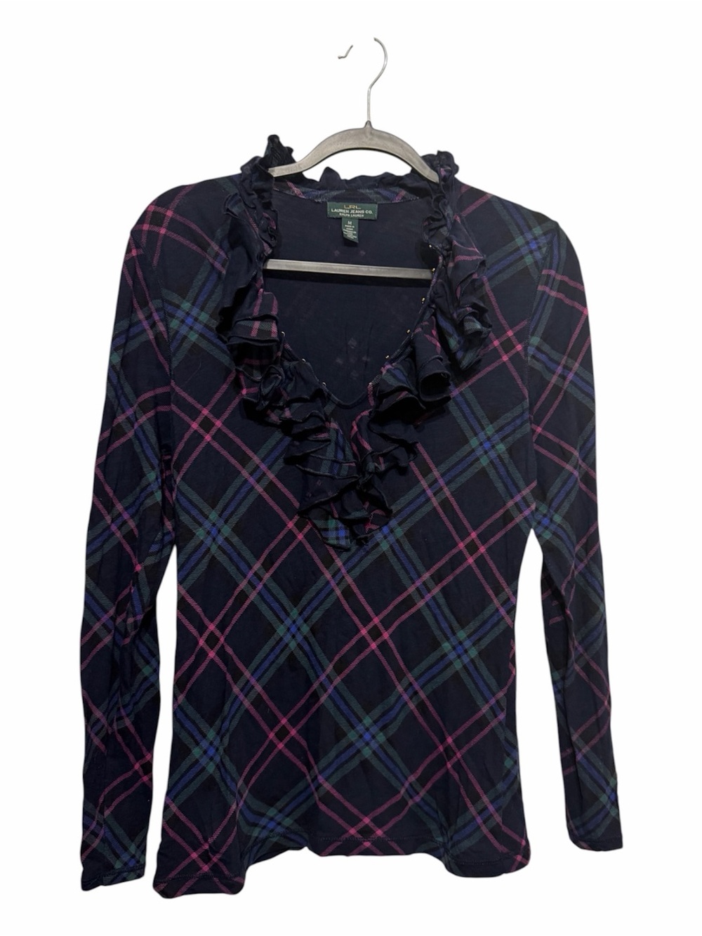Ralph Lauren Navy Plaid Button-Front Shirt with Pink Accents - Picture 2 of 5